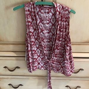 Tank blouse burgundy and white with bottom tie